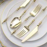 24 Pack | Gold / Clear Glittered European Plastic Silverware Set with Roman Column Handle