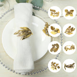 8 Pack Glossy Gold Metal Leaf Napkin Rings, Vintage Herb Napkin Holders