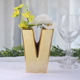 6inch Shiny Gold Plated Ceramic Letter "V" Sculpture Bud Vase, Flower Planter Pot Table Centerpiece