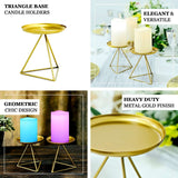 2 Pack | 5Inch Gold Metal Triangle Base Pillar Candle Holder Stands, Geometric Table Centerpieces