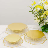 Set of 3 | Gold Metal Geometric Cake Stands Reversible Octagon Baskets