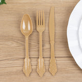 72 Pack Matte Gold Plastic Silverware Set in Baroque Style, Heavy Duty Disposable Forks