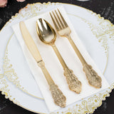 24 Pack | Metallic Gold Baroque Style Heavy Duty Plastic Silverware Set