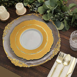 10 Pack | 10inch Gold / White Disposable Dinner Plates With Round Blossom Design With Gold Rim