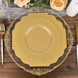 8inch Gold Heavy Duty Disposable Baroque Salad Plates Gold Rim Hard Plastic Dessert Appetizer Plates