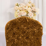 Gold Satin Rosette Spandex Stretch Banquet Chair Cover, Fitted Slip On Chair Cover