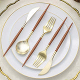 24 Pack | 8inch Metallic Gold With Brown Silverware Set, Modern Premium Plastic Utensil Set