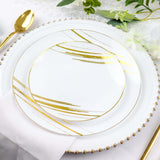 10 Pack | White & Gold Brush Stroked 10inch Round Plastic Dinner Plates