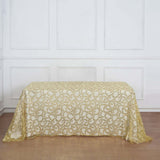 90x156inch Gold Sequin Leaf Embroidered Rectangular Tablecloth, Seamless Sheer Table Overlay