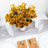 12 Bushes | Gold Artificial Premium Silk Flower Rose Buds | 84 Rose Buds