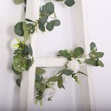  Artificial Eucalyptus Leaf Hanging Vines With 7 White Rose Flower Heads, Floral Greenery Table