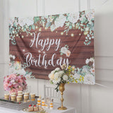 6ftx3ft White Brown Rustic Wood Floral Happy Birthday Photo Backdrop, Large Polyester Background