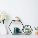  2-Tier Hexagon Floating Shelf, Dessert Display Stand With Black Double Geometric Design