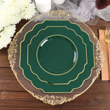 11inch Hunter Emerald Green Hard Plastic Dinner Plates, Baroque Heavy Duty Plates with Gold Rim