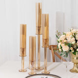 Set of 4 Gold Crystal Glass Hurricane Taper Candle Holders With Tall Cylinder Chimney Tubes