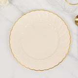 10 Pack 10" Ivory Gold Flair Rim Disposable Dinner Plates, Round Plastic Party Plates