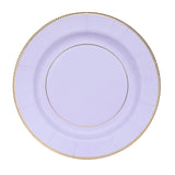 25-Pack Paper 10inch Round Dinner Plates in Lavender Lilac Sunray Design with Gold Rim#whtbkgd