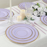 25-Pack Paper Round Dessert Plates in Lavender Lilac Sunray Design with Gold Rim