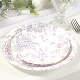 25 Pack 7inch French Toile Disposable Salad Plates, White Lavender Lilac Round Paper