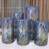 Set of 5 Royal Blue Wave Mesh Cylinder Pedestal Stand Covers with Embroidered Sequins, Premium