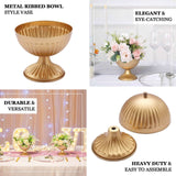 2 Pack | 4inch Gold Metal Ribbed Bowl Style Flower Table Pedestal Vase, Antique Mini Compote Vase