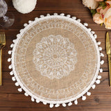 Jute & White Embroidery Mandala Print Placemats, Rustic Round Woven Burlap Tassel Table Mats