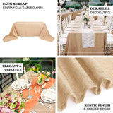 Natural Seamless Faux Burlap Rectangle Tablecloth, Boho Chic Jute Table Linen for 8 Foot Table