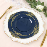 10 Pack 8inch Navy Blue Plastic Salad Plates With Gold Leaf Embossed Baroque Rim, Round Disposable