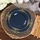 10inch Navy Blue Leaf Embossed Baroque Plastic Dinner Plates, Disposable Vintage Round Dinner Plates