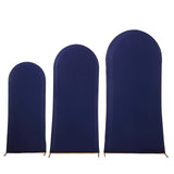 Set of 3 Matte Navy Blue Spandex Fitted Chiara Backdrop Stand Covers For Round Top Wedding