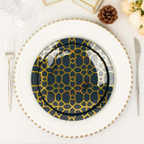 20 Pack Set | 9inch, 7inch Navy Blue Geometric Gold Print Plastic Plates