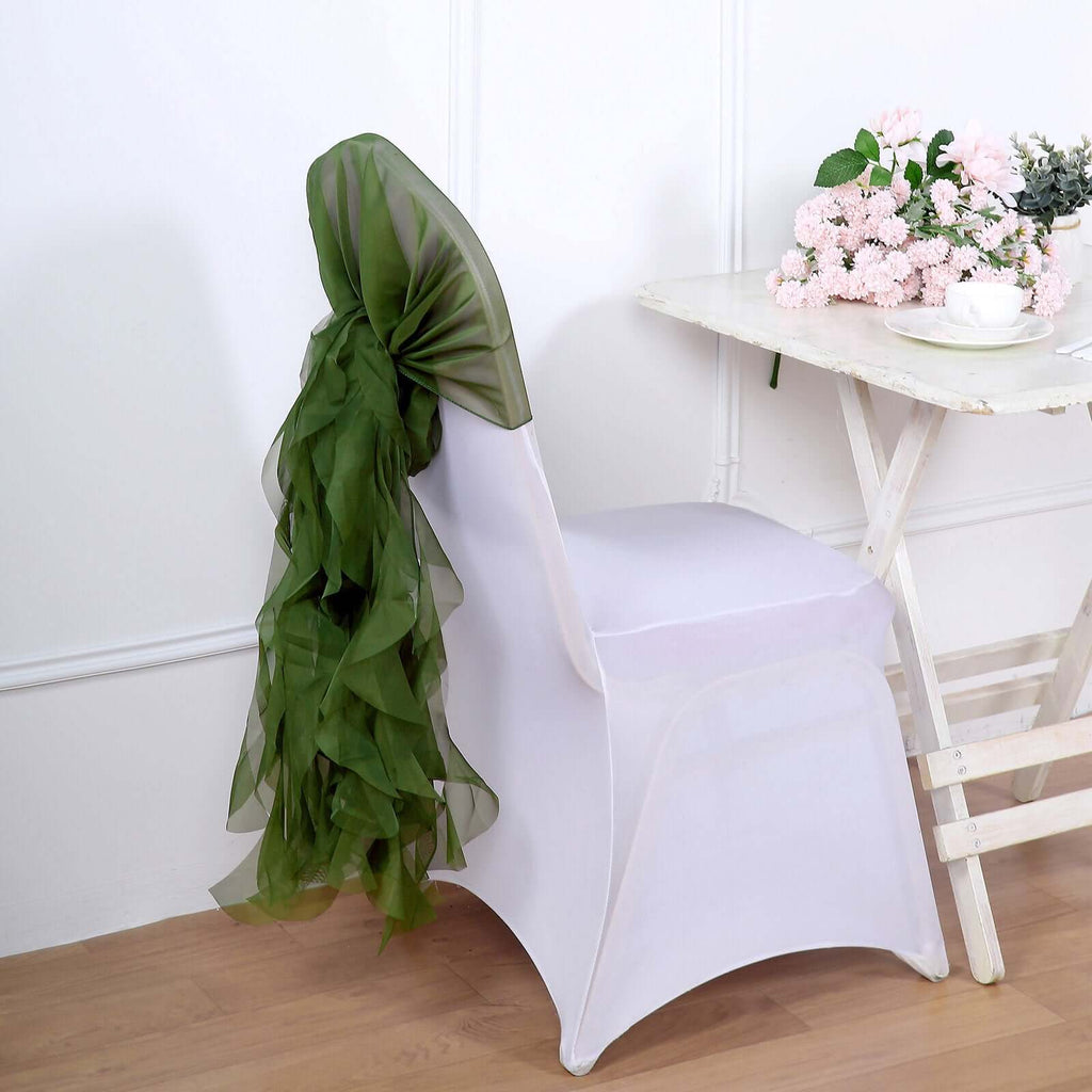 Ruffled Chiffon Chair Sashes Olive Green | TableclothsFactory