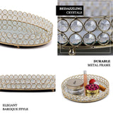 Gold Metal Crystal Beaded Mirror Oval Vanity Serving Tray, Decorative Tray Medium 14x10inch