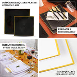 10 Pack | 10inch Clear / Gold Concave Modern Square Plastic Dinner Plates, Disposable Party Plates
