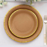 25 Pack | 8 Round Natural Brown Paper Salad Plates With Gold Lined Rim, Disposable Dessert Appetize