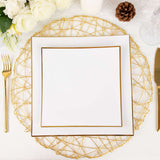 10 Pack | 8inch White / Gold Concave Modern Square Plastic Dessert Plates, Disposable Salad Plates