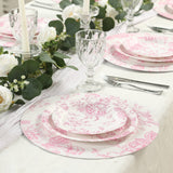 25 Pack 9" French Toile Paper Party Plates, Matte Pink and White Round Disposable Dinner Plates