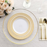 10 Pack White Disposable Party Plates With Beige Gold Spiral Rim, 10" Round Plastic Dinner 