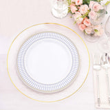 10 Pack White Renaissance Disposable Dinner Plates With Gold Navy Blue Chord Rim, Plastic Party