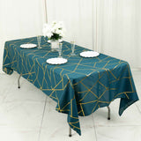 60"x102" Peacock Teal Rectangle Polyester Tablecloth With Gold Foil Geometric Pattern