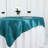 72x72Inch Peacock Teal Accordion Crinkle Taffeta Table Overlay, Square Tablecloth Topper