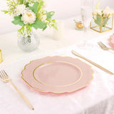 10 Pack | 8 Blush/Rose Gold Hard Plastic Dessert Appetizer Plates, Disposable Tableware, Baroque Heavy Duty Salad Plates with Gold Rim