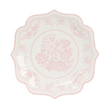 25-Pack Paper Dessert Plates in White with Pink Damask Floral Print & Scallop Rim#whtbkgd