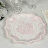 25-Pack Paper Dinner Plates in White Pink Damask Floral Pattern