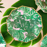 25 Pack | Tropical Palm Leaf 9inch Dinner Paper Plates, Disposable Plates Geometric With Gold Rim