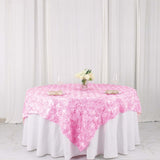 72x72inch Pink 3D Rosette Satin Table Overlay, Square Tablecloth Topper