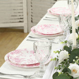 25 Pack 7inch French Toile Disposable Salad Plates, White Pink Round Paper Appetizer