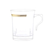 8 Pack 8oz Clear Plastic Coffee Mugs with Gold Stripes, Disposable Tea Cups with Handle