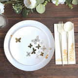 Set of 20 White Gold Butterfly Plastic Party Plates, Round Disposable Dinner and Salad Plates