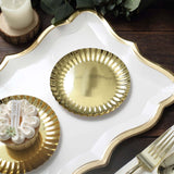 50 Pack | 5inch Metallic Gold Scalloped Rim Mini Paper Dessert Plates, Disposable Round Tapas